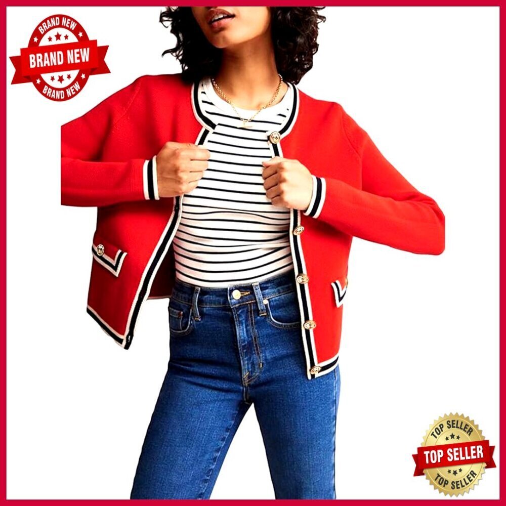 Cropped Cardigan Sweater Open Front Button Down Knit Tweed Jacket